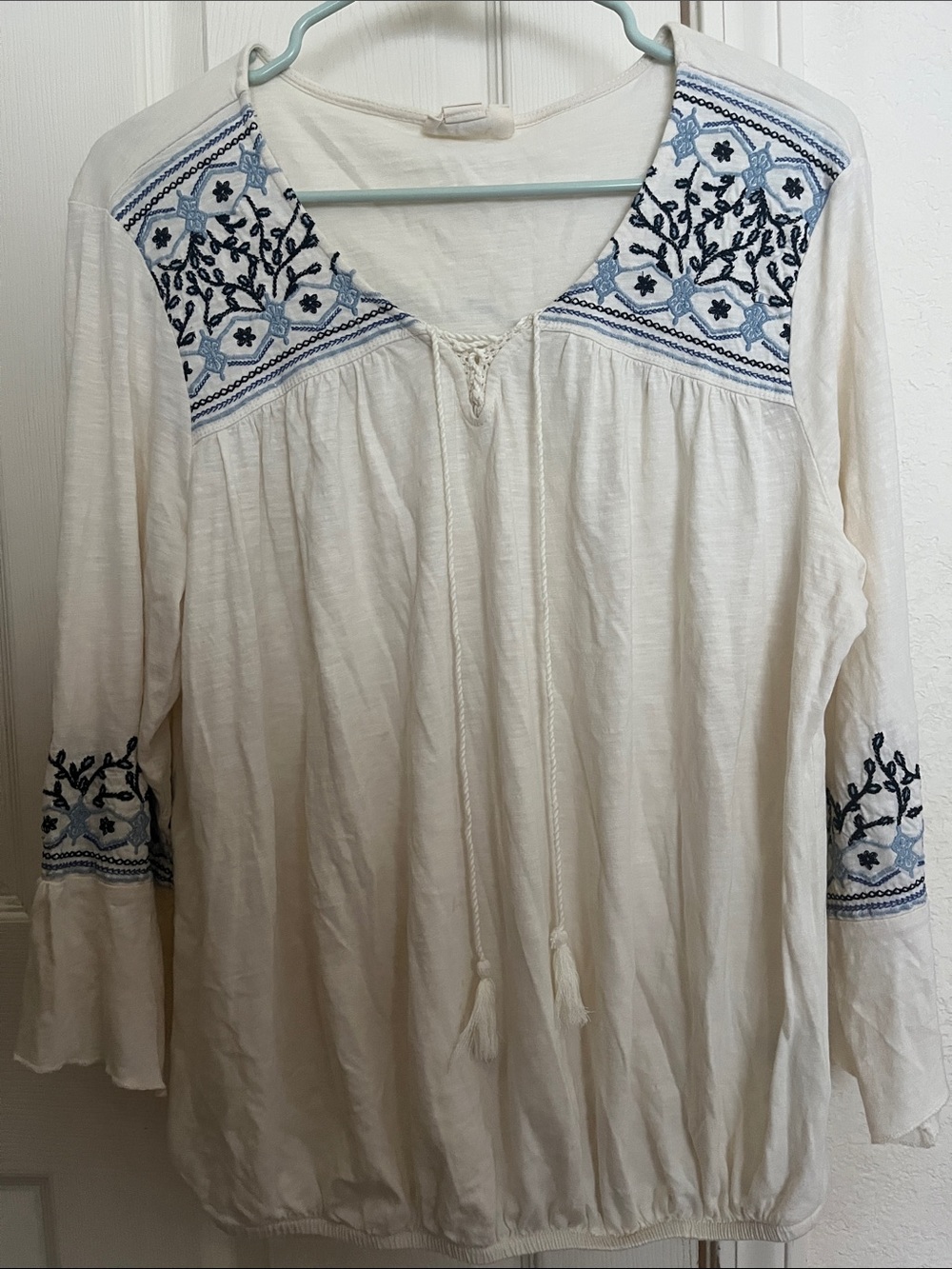 Style & Co. White Peasant Blouse with Blue Embroidery